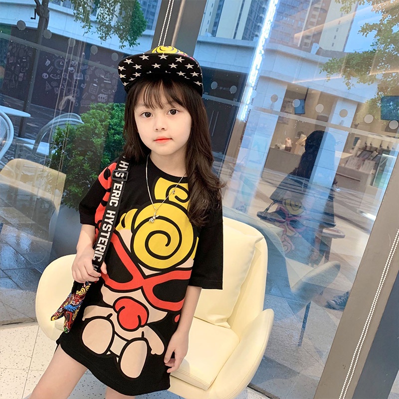 Đầm thun IQ ANGEL cotton thoáng khí mau khô họa tiết hoạt hình dễ thương cho bé gái