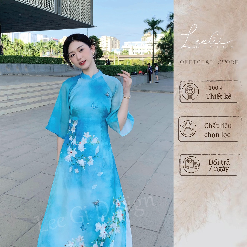  Áo dài cách tân tay lỡ màu xanh LeeGi Design chất liệu tơ óng cao cấp