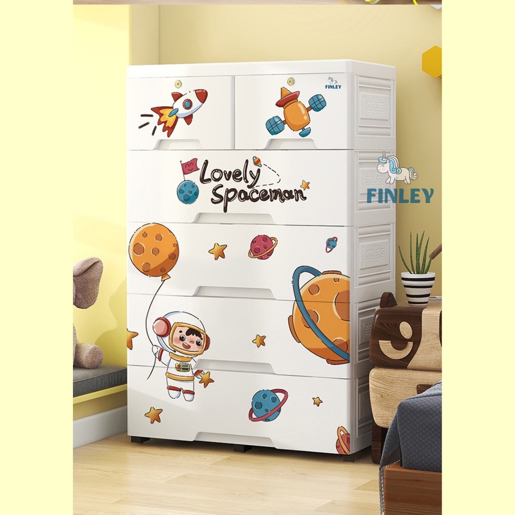 Tủ nhựa cho bé và người lớn 5 tầng ngăn kéo CAYABE, FINLEY (Size lớn 70cm) đựng quần áo khủng long, gấu, phi hành gia