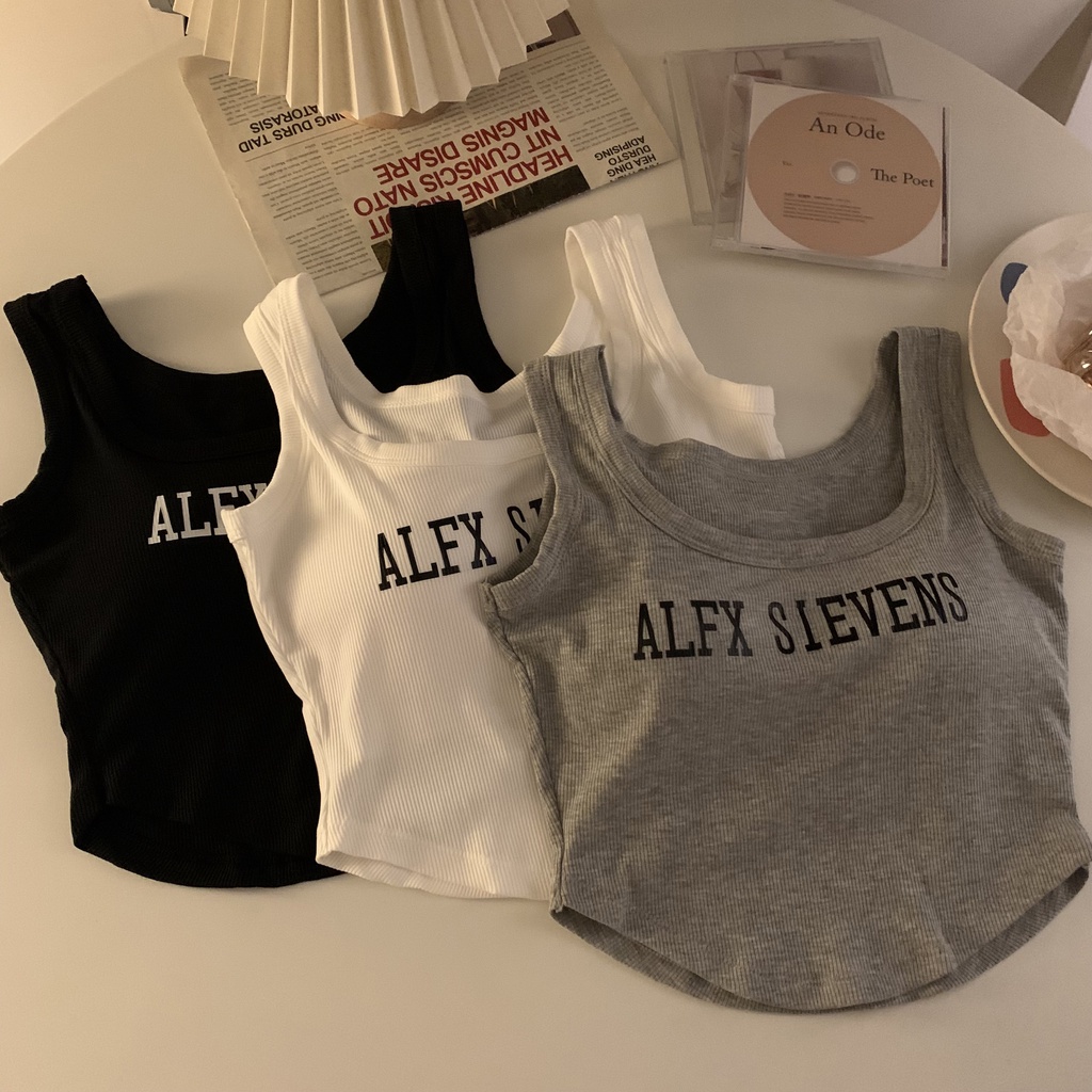 Áo Hai Dây In Chữ Thiết Kế Lệch Tà Thời Trang Cá Tính Cho Nữ