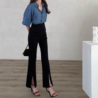 Quần ống loe xẻ tà cạp cao, quần loe xẻ gấu phong cách công sở
