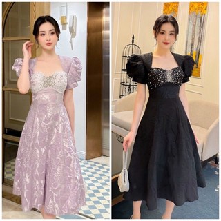 Đầm gấm xòe cổ nữ hoàng kết pha lê cao cấp TẶNG KÈM HOA TAI THỜI TRANG