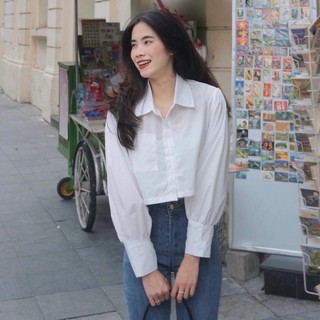 [NEW]ÁO SƠMI TRẮNG BASIC CROPTOP TAY BỒNG 0802