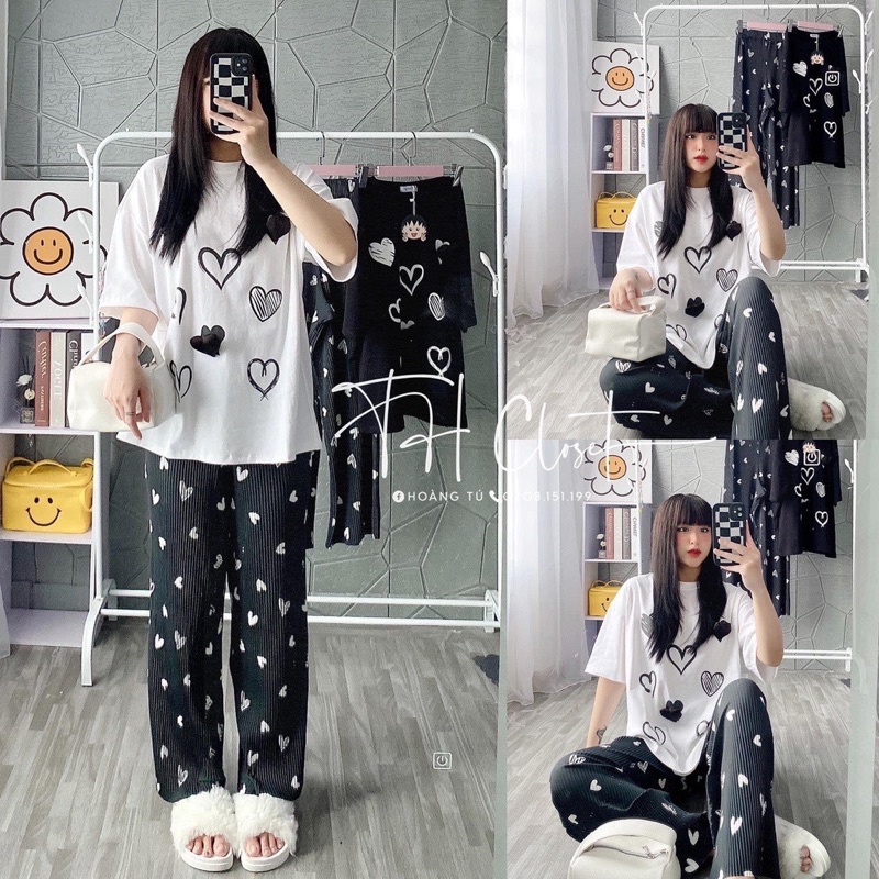 [ 𝐅𝐑𝐄𝐄 𝐒𝐇𝐈𝐏 ] Set áo phông trái tim mix quần suông len tăm  Áo cotton khô QC l1 dày đẹp, nẹp viền cổ cẩn thận