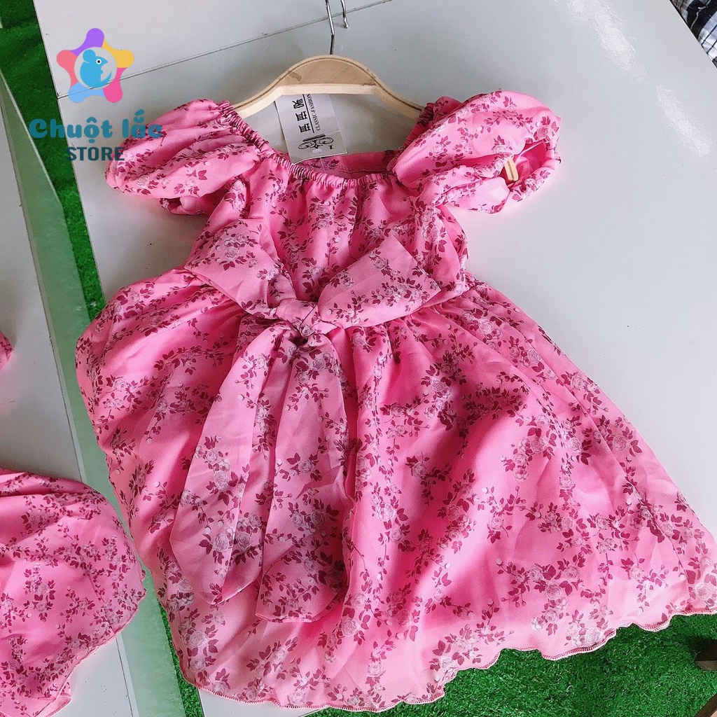 Váy bé gái voan lụa hoa nhí tay phồng nơ sau 10kg đến 22kg