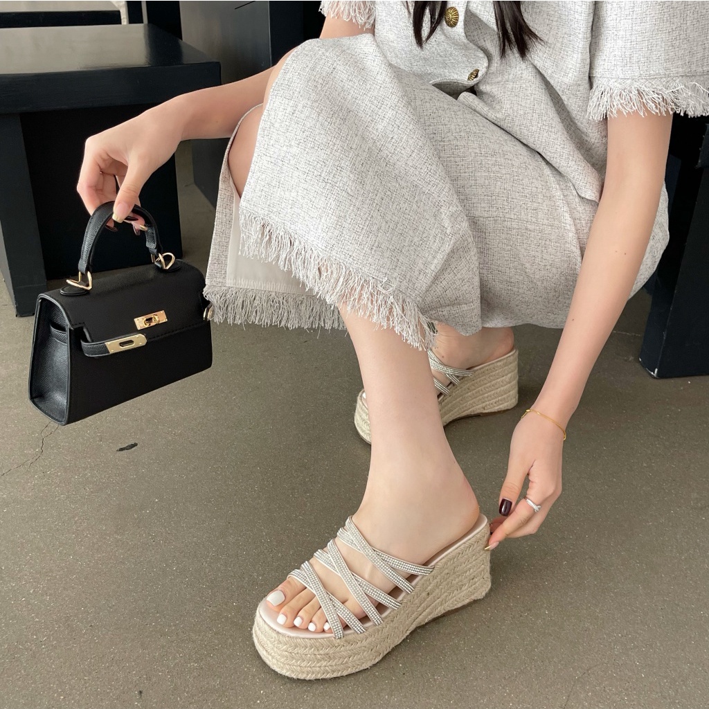 Ins hot trên mạng cùng kiểu Rhinestone dây chéo dây bện Dép quai hậu Dép Lê Giày Nữ Giày cao gót 2023