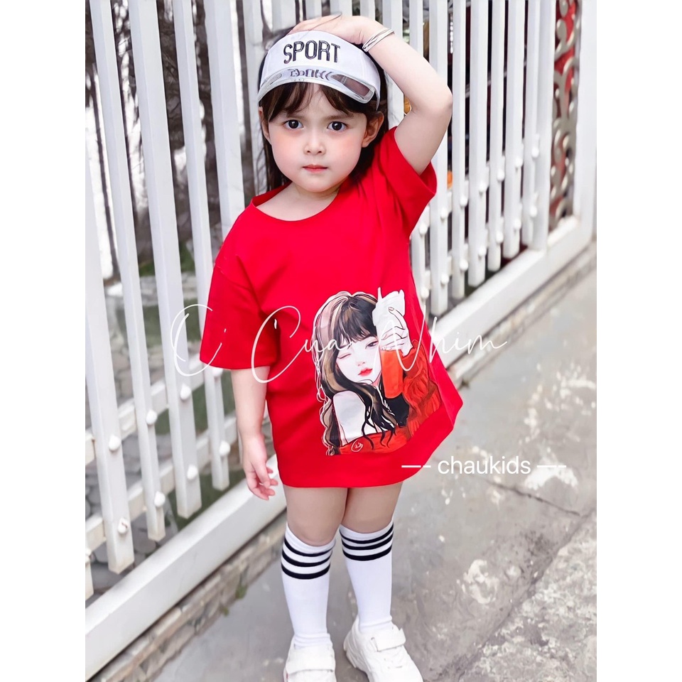 Áo cho bé gái , Áo cộc tay cotton trùm mông in hình cô gái dễ thương cho bé gái 10-30kg
