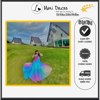  Đầm maxi loang dập ly cổ yếm màu xanh mẫu mới - Maxi Ngọc Lan