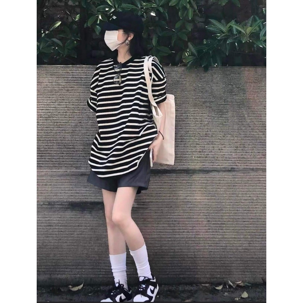 Bộ Thun Kẻ Đen Quần Short Nữ [FREESHIP]  Set áo phông tay lỡ kèm quần đùi kaki form oversize Ulzzang