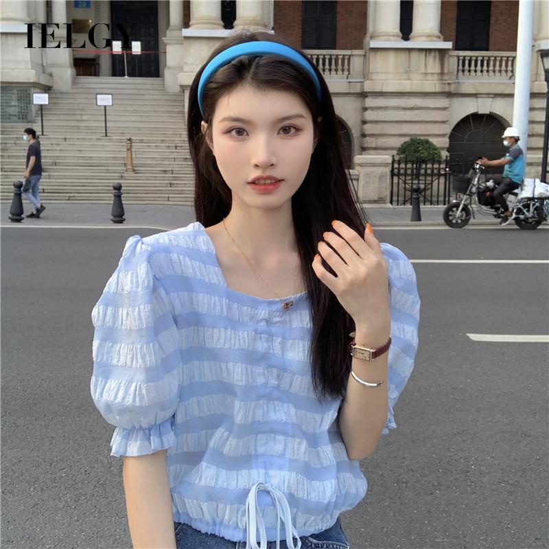 IELGY     Áo Kiểu Tay Phồng Ngắn Dáng Ôm Rút Dây Thời Trang Cho Nữ