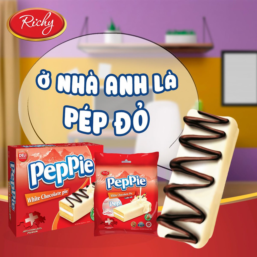 [HCM] Bánh Peppie Richy phủ socola trắng hộp 3 (45g) bánh bông lan kem bơ sữa