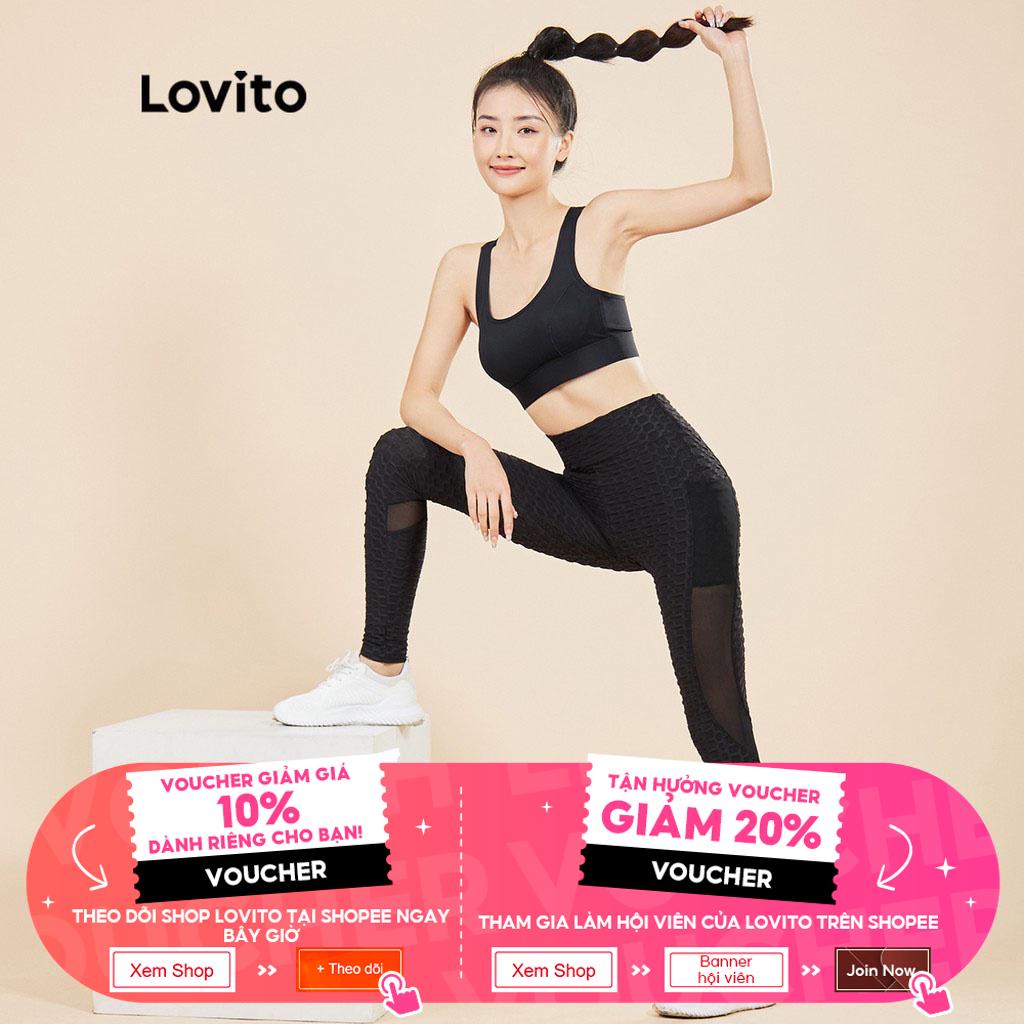 Quần legging Lovito màu trơn kết cấu lưới tương phản phong cách thể thao L15X239 (Màu đen)