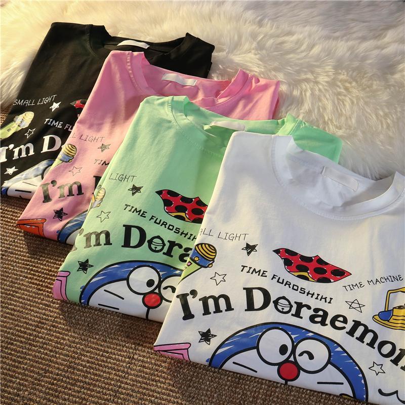 Áo Thun Nữ Cổ Tròn Ngắn Tay In Hình Doraemon