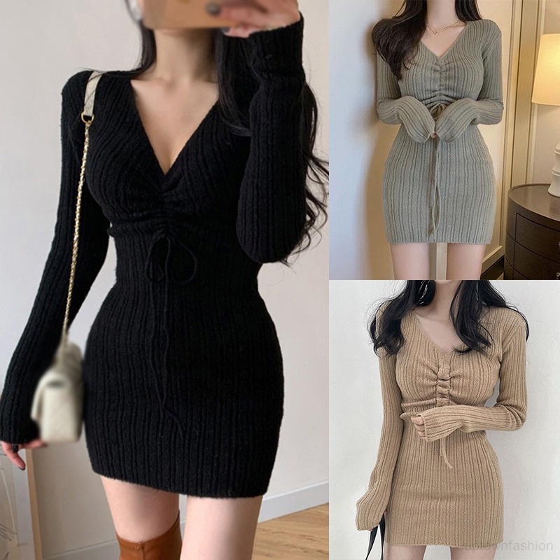Đầm Dệt Kim Tay Dài Màu Sắc Đơn Giản Phối Dây Rút Thời Trang Cho Nữ