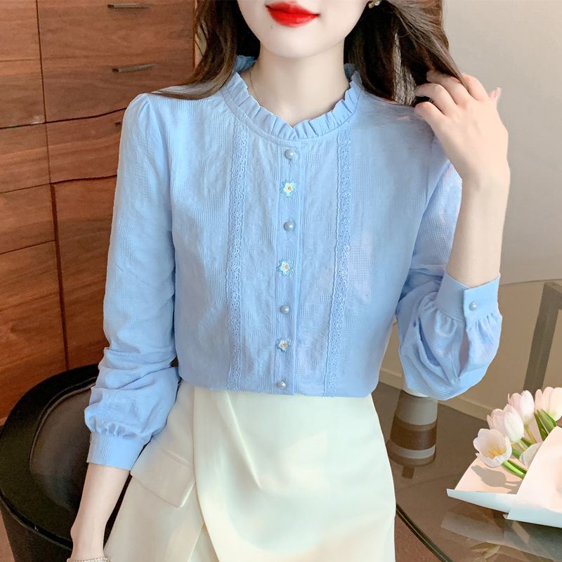 ICE Cotton Younger Fashion Embroidered Jacquard Cotton Shirt Women's Western Style Cotton Wooden Ear Collar Top