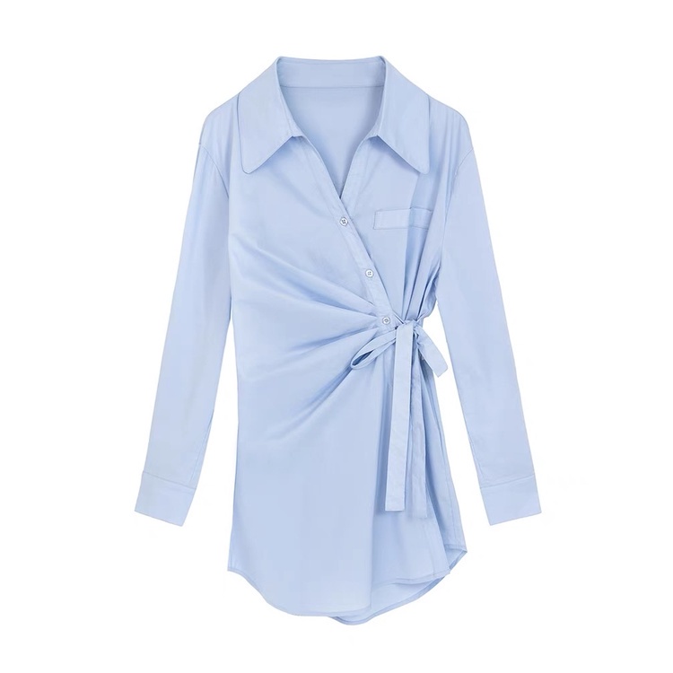 Áo đầm sơ mi dài xếp ly eo thắt nơ vạt lệch MS681