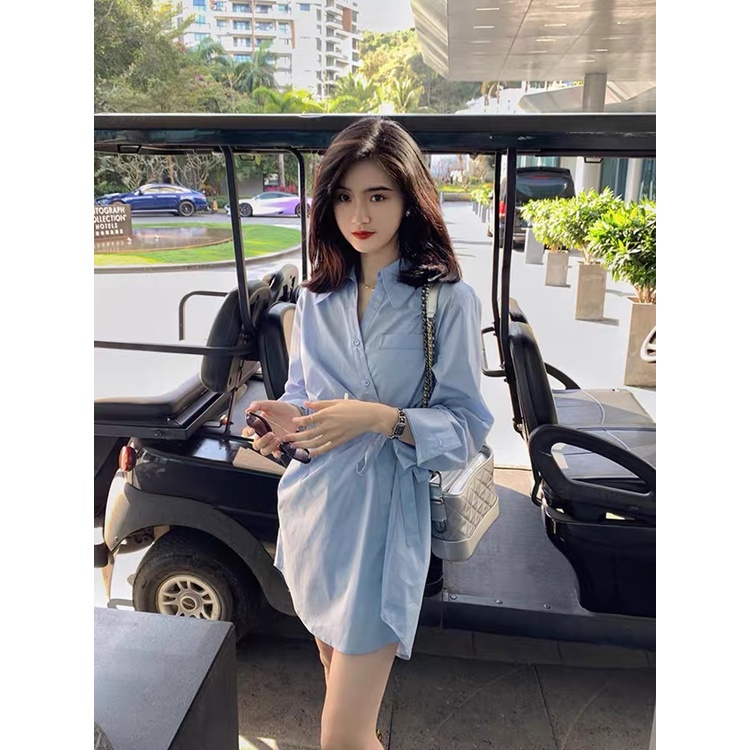 Áo đầm sơ mi dài xếp ly eo thắt nơ vạt lệch MS681