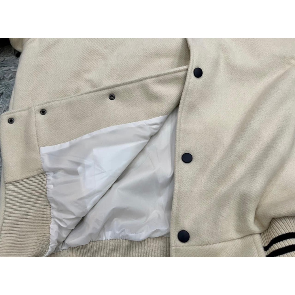 Áo Khoác Bomber Teddy Sain Laurent Màu Kem Chất Vải Da - TGStore
