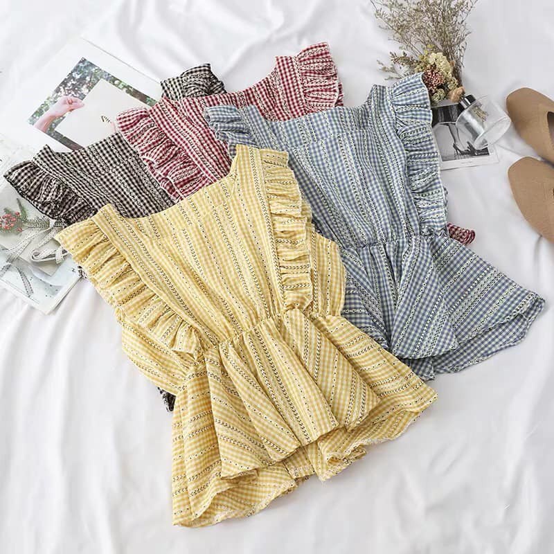 _ Áo cổ vuông sang chảnh kẻ ô vuông kết hợp hoa li ti rất FASHION (CÓ VIDEO & ẢNH THẬT)