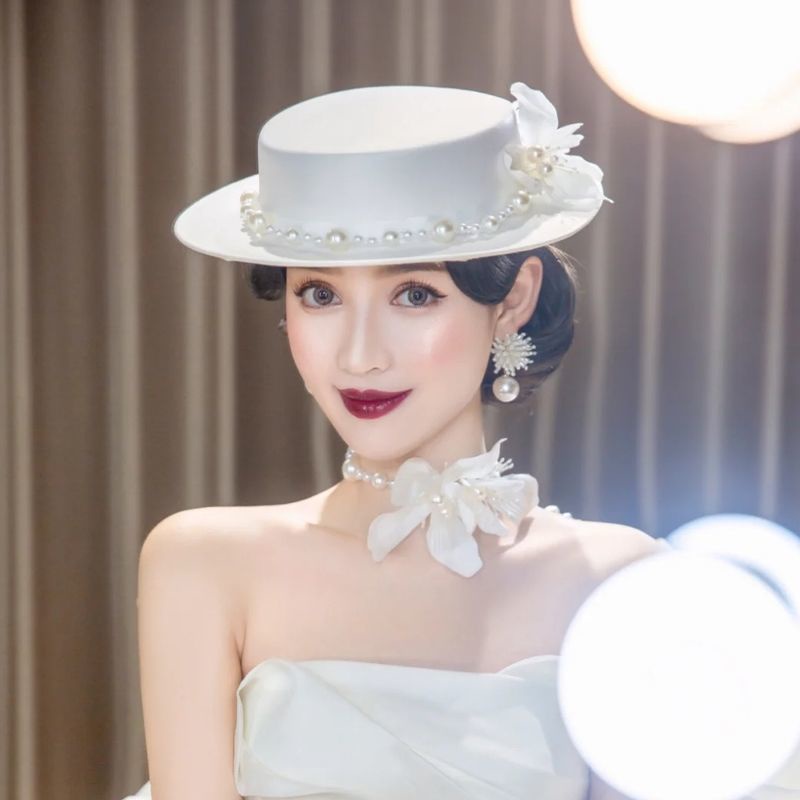 Mũ Đính Hạt Trắng Và Nơ Phong Cách Retro Dùng Làm Đạo Cụ Chụp Ảnh Cho Cô Dâu