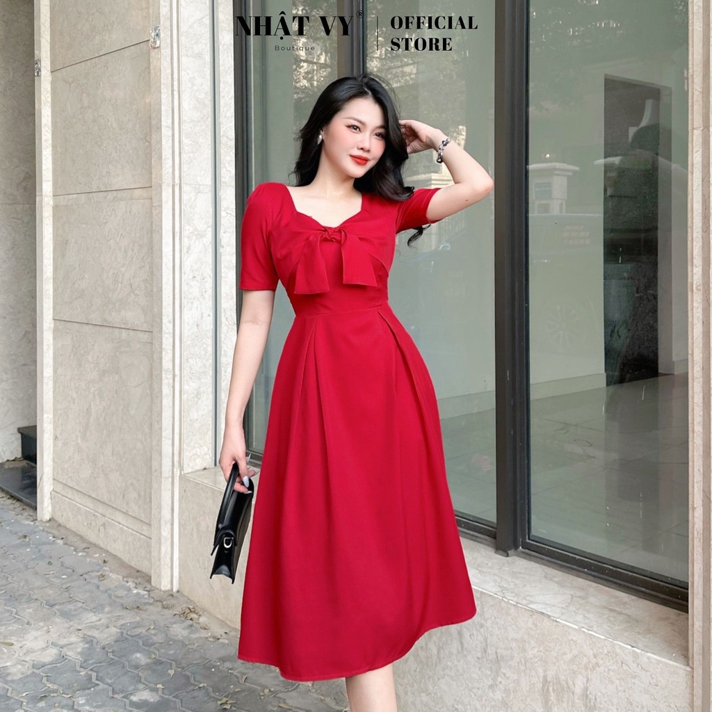 Đầm dự tiệc Nhật Vy tay ngắn cổ vuông phối nơ thắt ngực chất cotton phù hợp đi chơi , công sở sang trọng - D2451