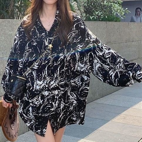 Happy-store  Mùa hè thiết kế mới cảm giác muối áo sơ mi nữ vẽ mực mỏng và lỏng lẻo áo sơ mi dài tay buộc dây
