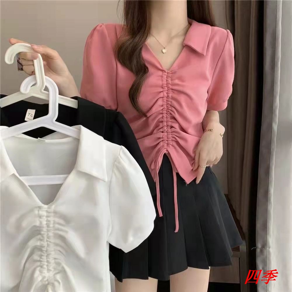 (Thời Gian Đặc Biệt (Số Lượng Có Hạn) Áo Tay Ngắn Phồng Cổ Chữ V Dây Rút Ôm Dáng Mùa Hè 2022 Phong Cách Ngọt Ngào Cho Nữ