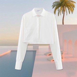 Áo sơmi trắng croptop vạt lệch hack dáng