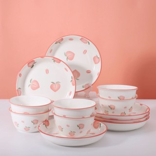 Set bát dĩa bằng gốm sứ họa tiết quả đào màu hồng cute.