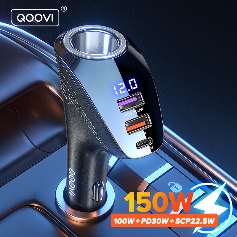 QOOVI Tẩu Sạc Nhanh USB C Hai Cổng USB + Type C 150W Màn Hình LED Kỹ Thuật Số Cho Xe Hơi