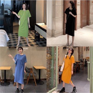 Đầm suông chất cotton cổ tròn trơn basic xoắn eo dáng dài tay ngắn dạo phố xinh xắn