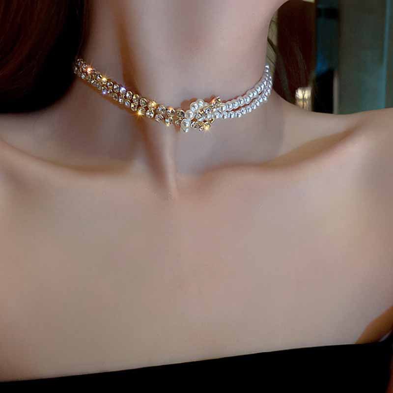 Vòng Cổ Choker Ngắn Đính Hạt Ngọc Trai Và Kim Cương Giả Phong Cách Hàn Quốc