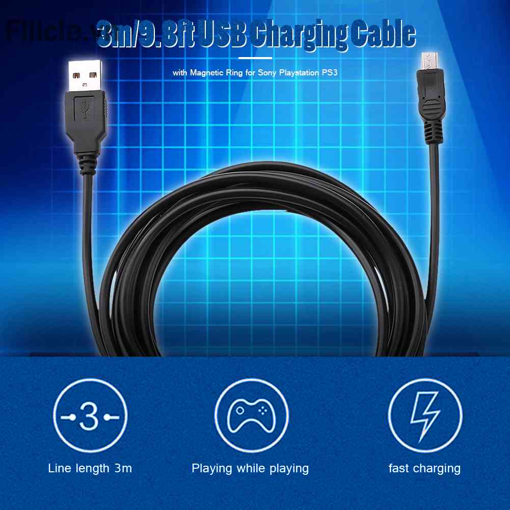 Dây Cáp Sạc USB 3m / 9.8ft Có Vòng Nam Châm Dành Cho Sony Playstation PS3