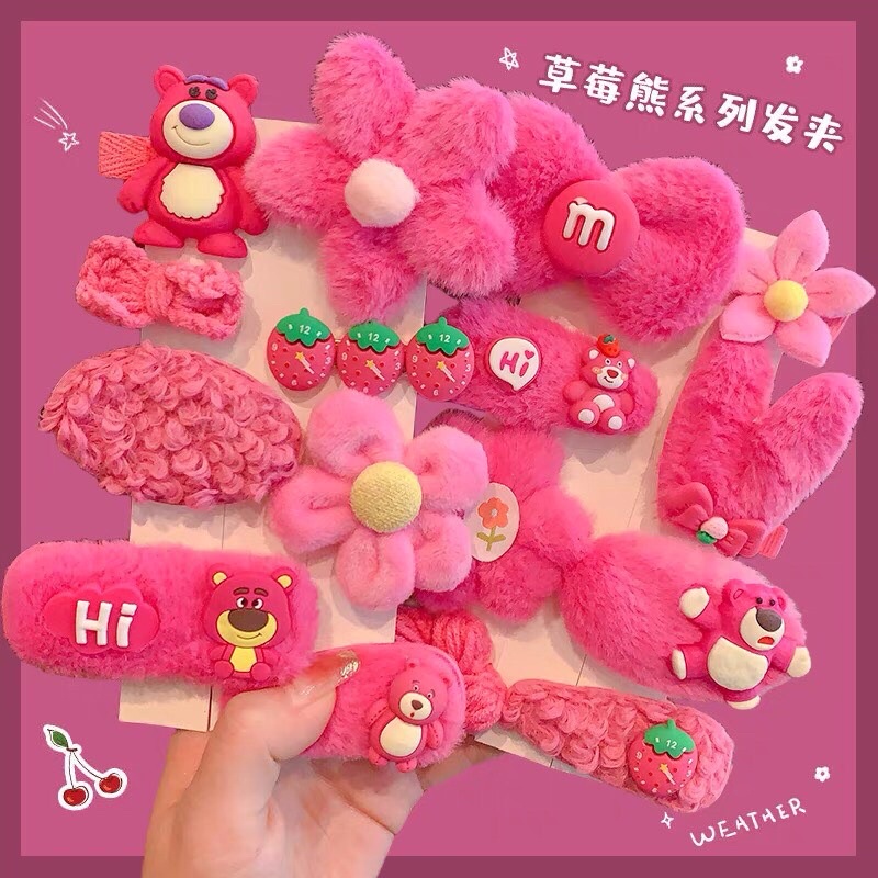 Set kẹp tóc 8 món gấu dâu hồng lotso xinh xắn dễ thương cho bé gái