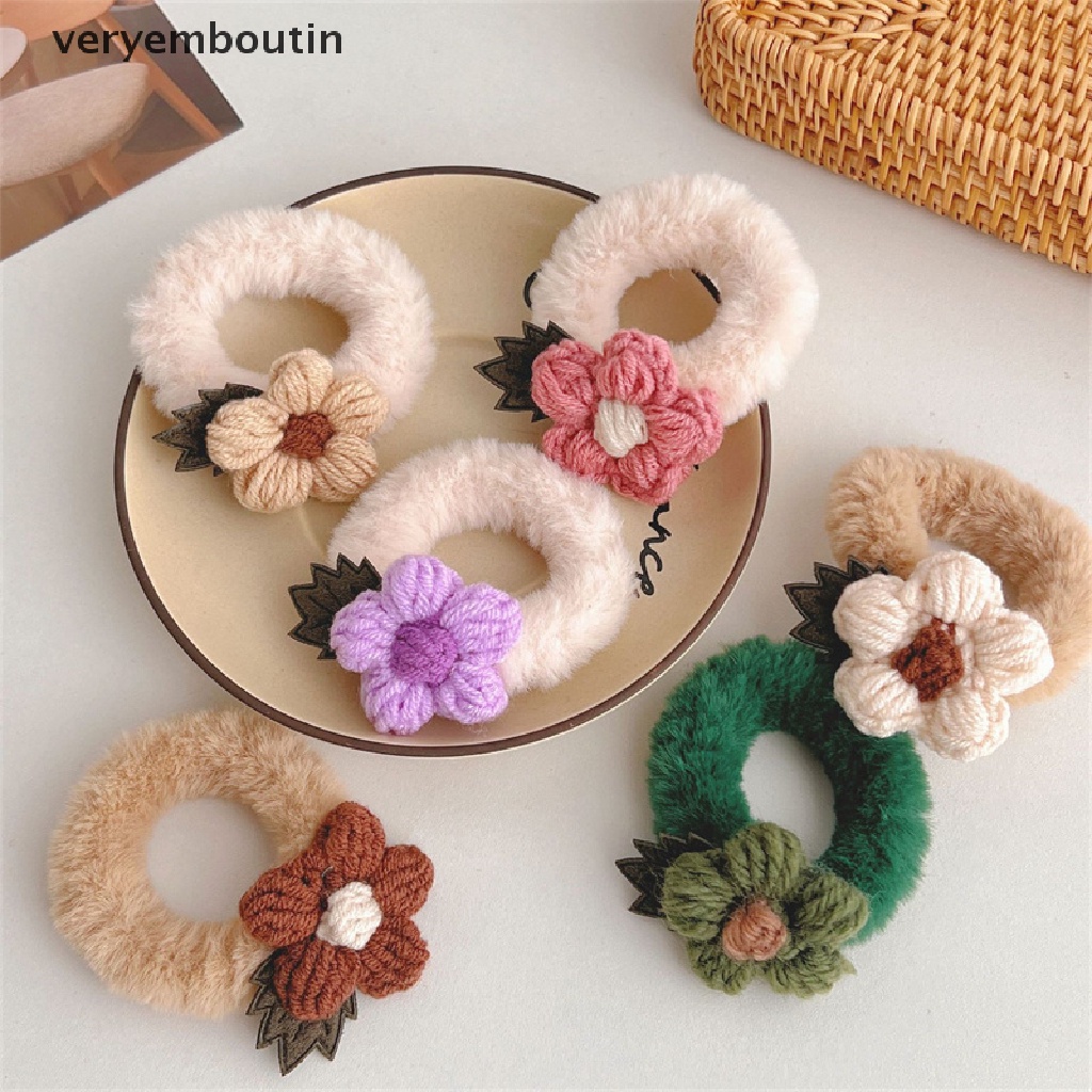 Dây Buộc Tóc Cao Su Bọc Vải Lông Họa Tiết Hoa / Tai Thỏ Dễ Thương Cho Nữ