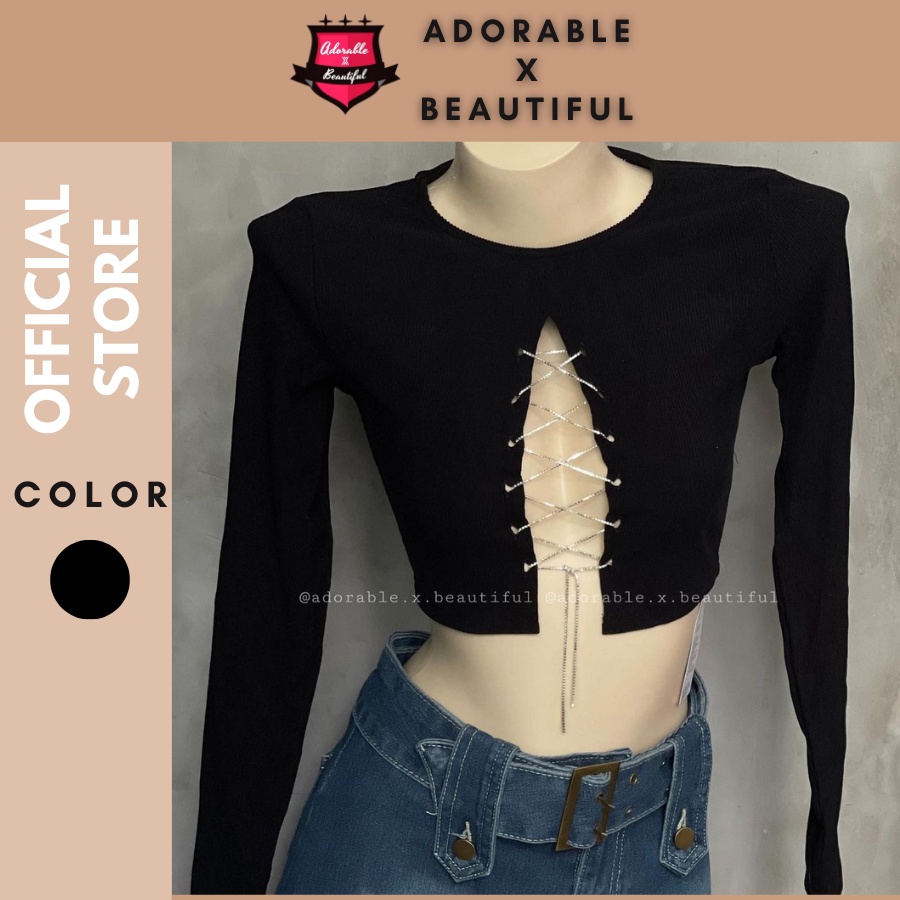 Áo Thun Gân Tay Dài Xẻ Ngực Đan Dây Sexy, Áo Croptop Đen Dài Tay Quyến Rũ [AdorablexBeautiful]