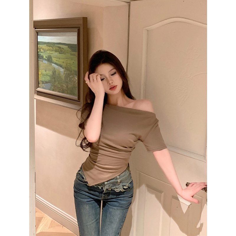 Áo Thun Hở Vai Xếp Ly Lệch Tà Kiểu Hàn Quốc Thời Trang
