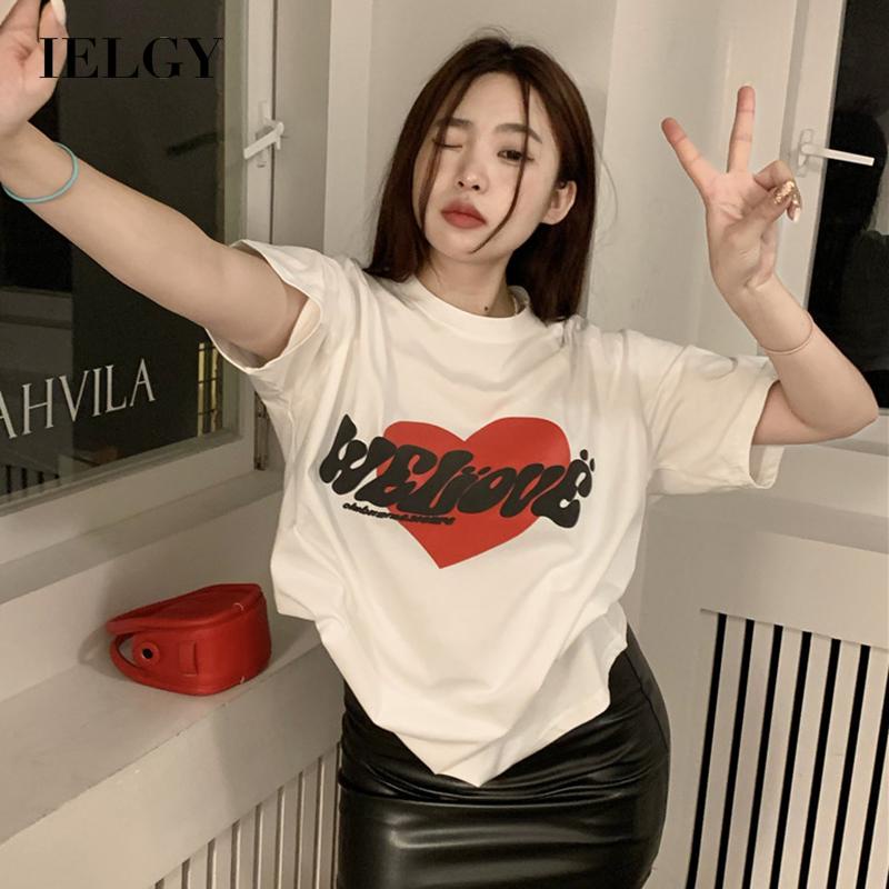 IELGY   Áo Thun Nữ Ngắn Tay In Hình Trái Tim