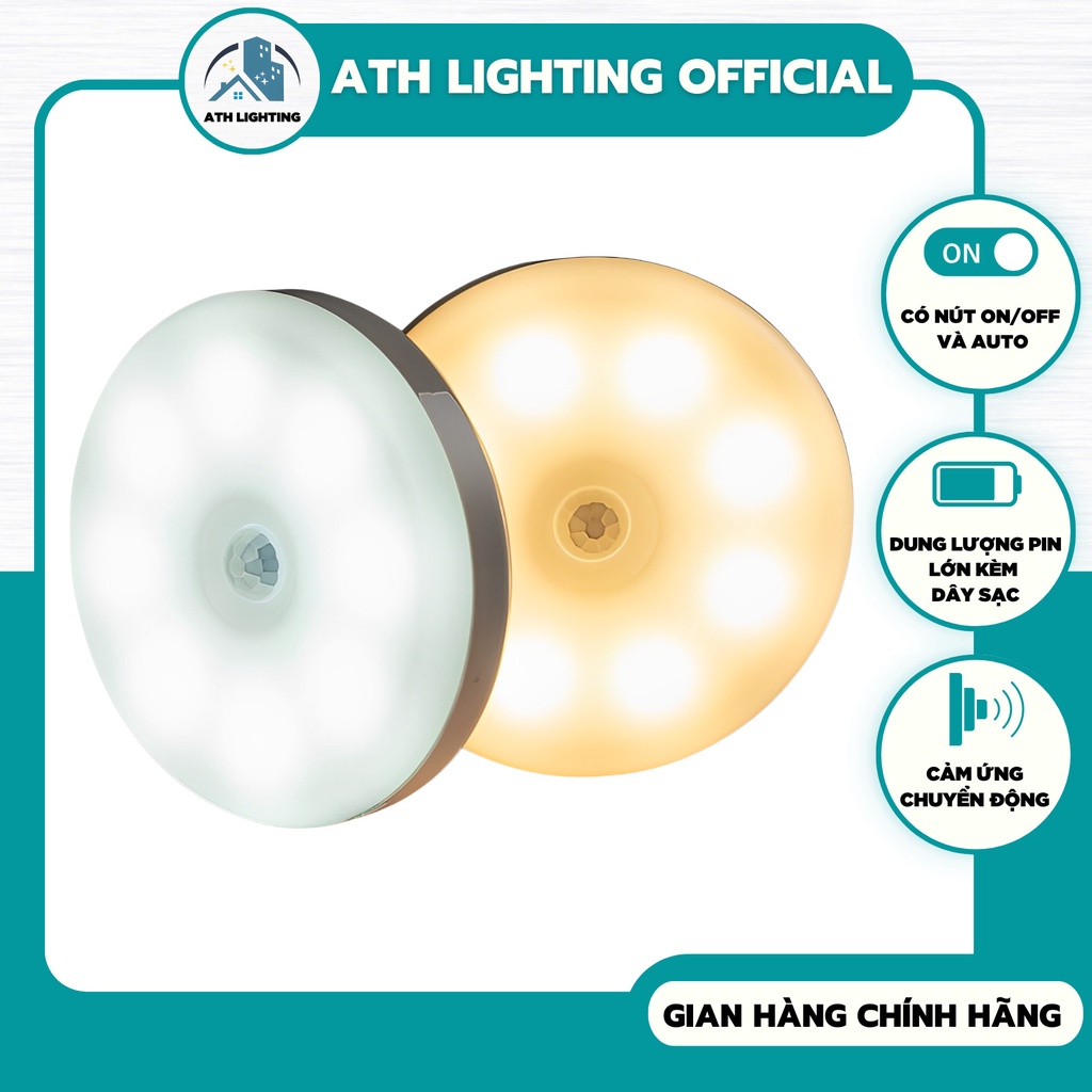 Combo 2 Đèn cảm biến, Đèn Led tròn cảm ứng chuyển động thông minh ATH LIGHTING sạc USB dán tường, tủ quần áo, cầu thang
