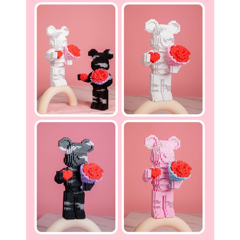 Lego 55cm Xếp hình Gấu ôm Hoa cỡ lớn có đèn Led, Mô Hình lắp ghép Gấu bearbrick size to phát sáng, ghép hình đẹp , rẻ