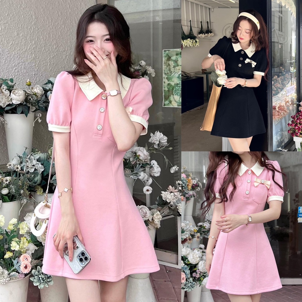 Đầm váy nữ đơn giản, cute phối cổ sen bèo nhọn chiết eo xinh xắn