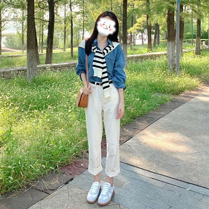 Bộ Áo Sơ Mi Dáng Rộng + Quần Jean Lưng Cao Thời Trang Mùa Thu 2023 Cho Nữ
