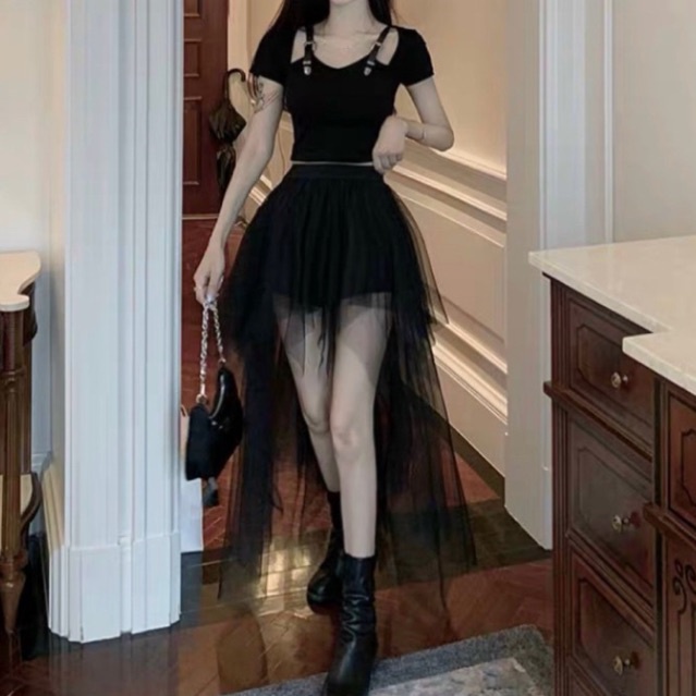 chân váy voan lưới pha tà nhọn y2k phong cách nổi bật punk gothic lolita