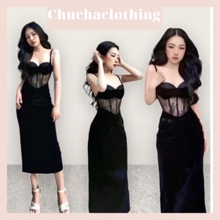 Đầm 2 dây nhung cúp ngực phối ren bụng thiết kế loại 1-Chuchaclothing