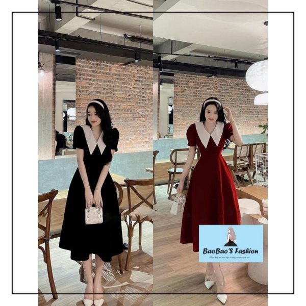 Đầm nhung dáng xoè dài cổ thuyền 2 màu đỏ; đen .
