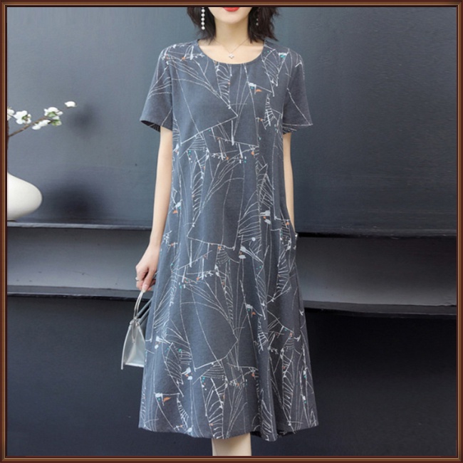 Đầm Midi Tay Ngắn Cổ Tròn In Họa Tiết Trừu Tượng Phong Cách Cổ Điển Thời Trang Cho Nữ