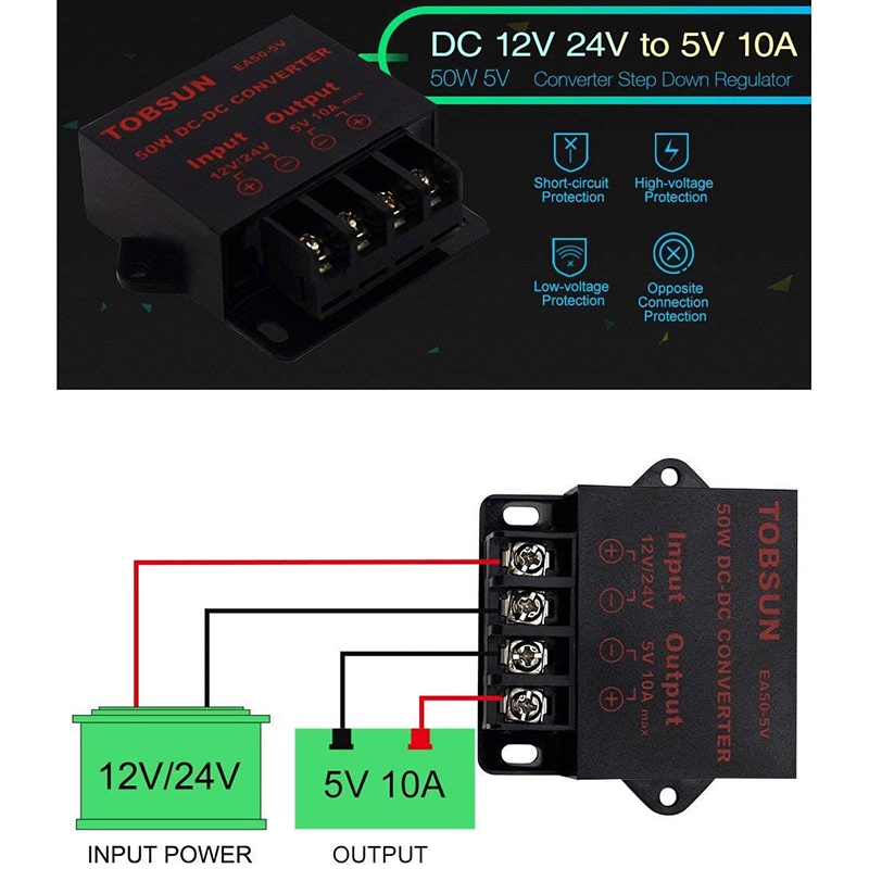 Bộ Chuyển Đổi Nguồn Điện Từ 24V / 12V Sang 5V 10A 50W Cho Xe Hơi