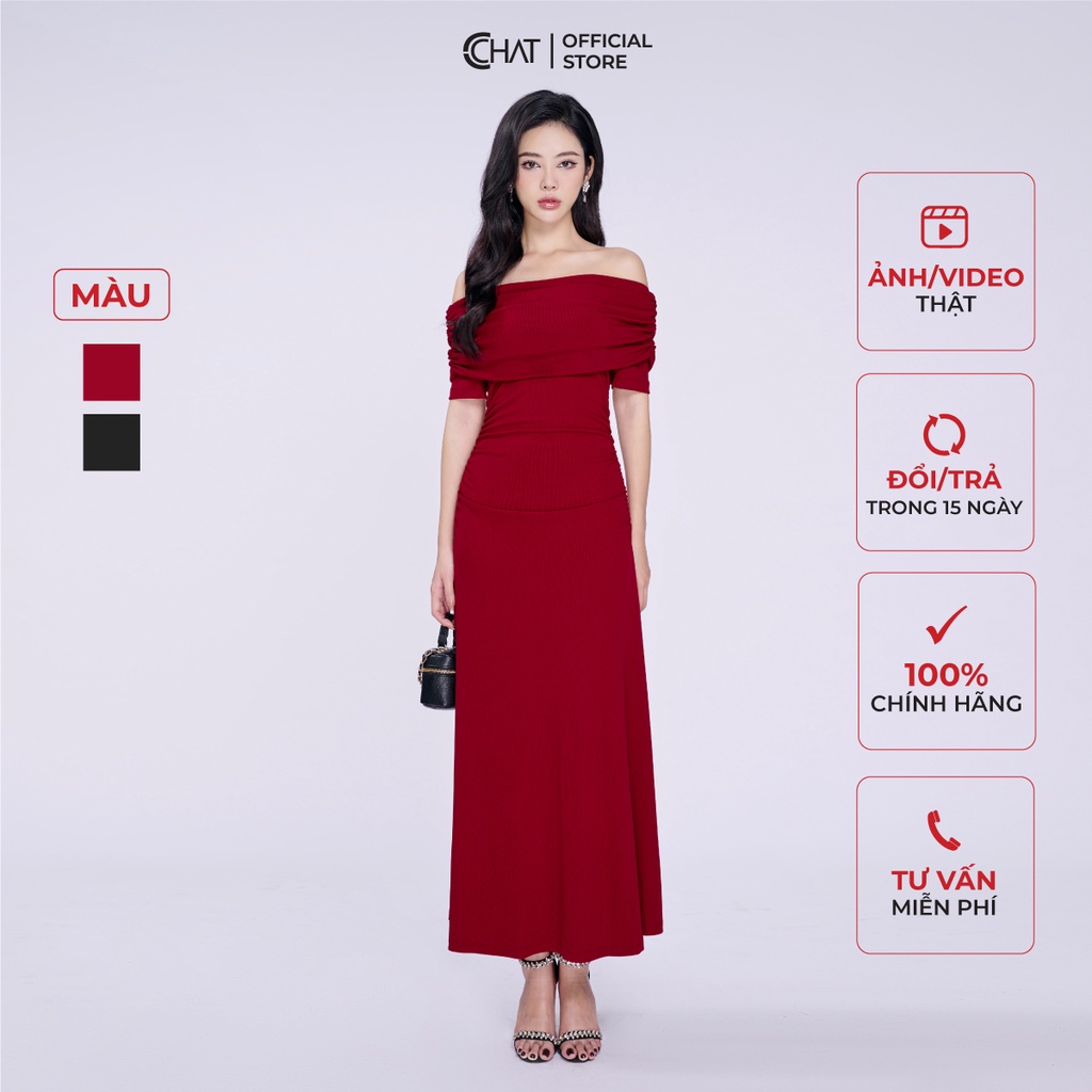 Đầm Nữ 𝐂𝐂𝐇𝐀𝐓 Trễ Vai Thân Nhún Chất Liệu Thun Co Dãn Thoải mái 13VNC2004XT
