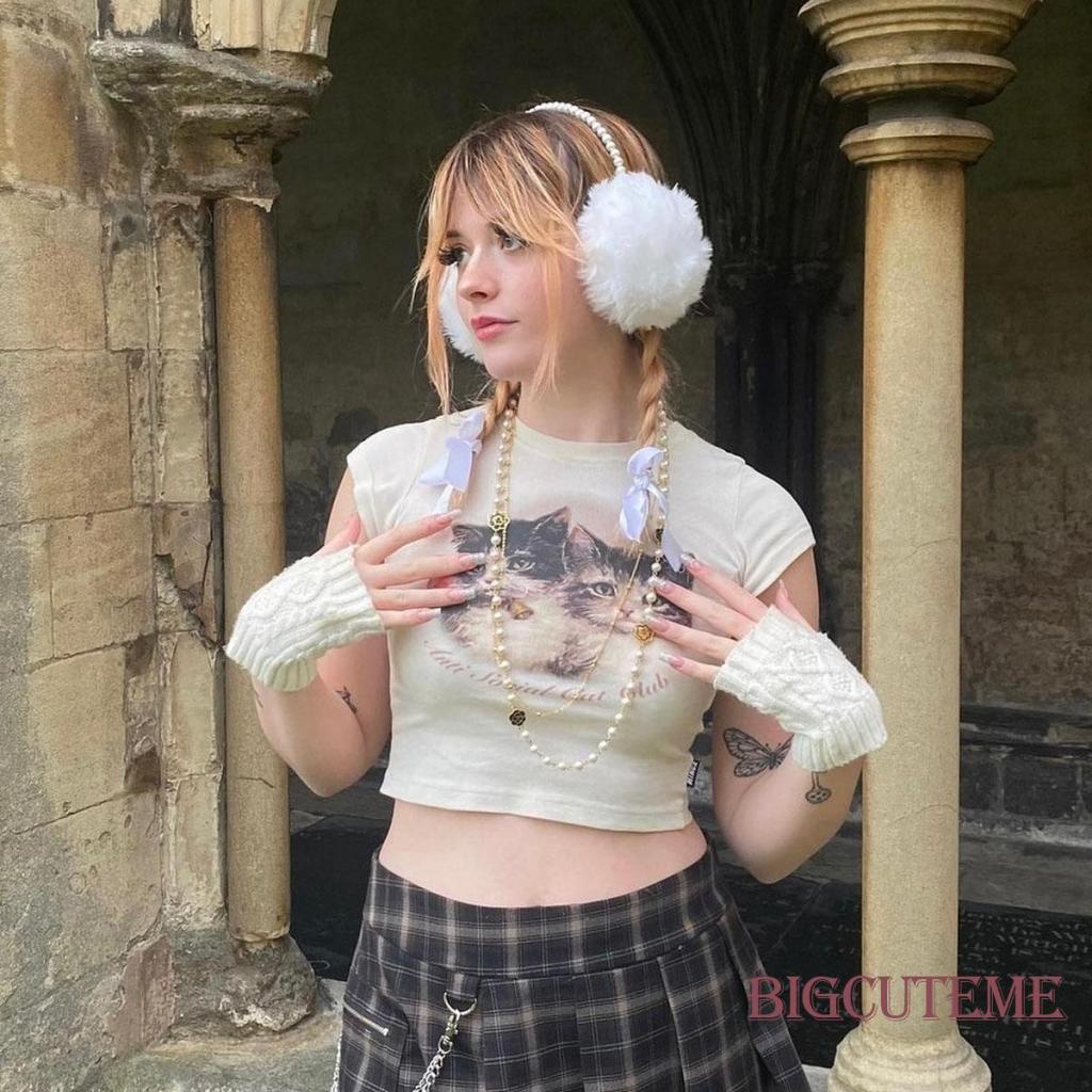 Áo Crop Top Tay Ngắn In Hình Mèo Y2K Phong Cách Cổ Điển Thập Niên 90