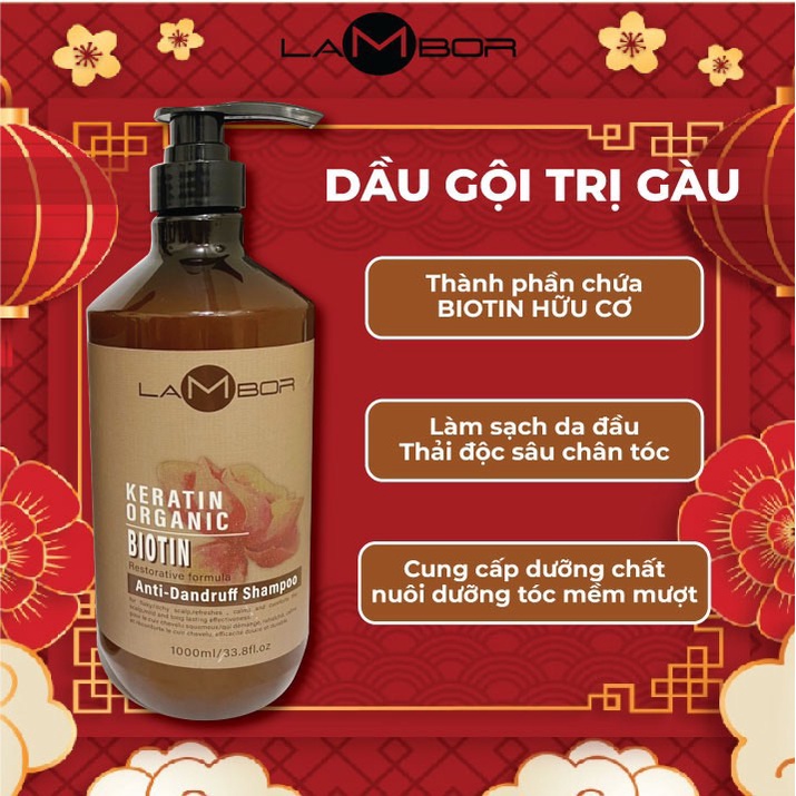 Dầu Gội Dầu Xả Keratin LAMBOR 1000ml * 2 Sạch Gàu Phục Hồi Kích Thích Mọc Tóc Thải Độc Da Đầu